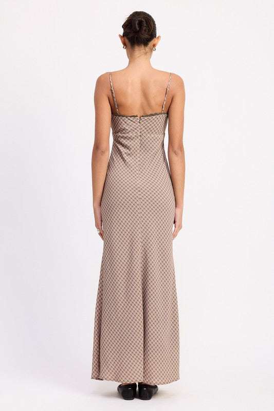 BIAS CUT FLARED MAXI DRESS WITH LACE TRIM Meadeux