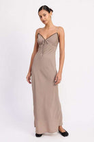 BIAS CUT FLARED MAXI DRESS WITH LACE TRIM Meadeux