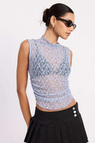 LACE MOCK NECK SLEEVELESS TOP WITH SIDE RUCHING Meadeux