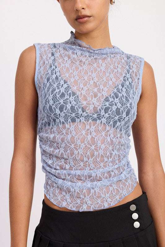 LACE MOCK NECK SLEEVELESS TOP WITH SIDE RUCHING Meadeux