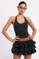 MINI BELTED RUFFLED DENIM DRESS WITH HALTER NECK Meadeux