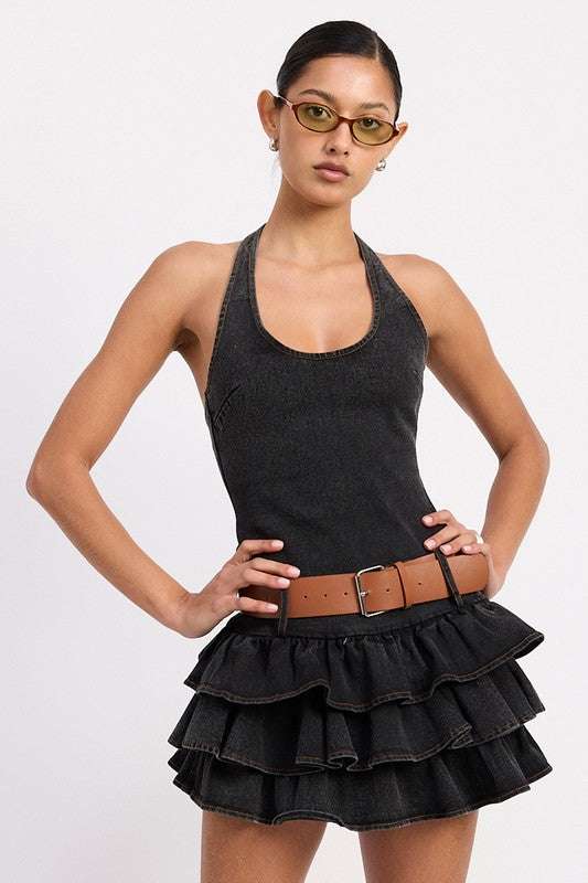 MINI BELTED RUFFLED DENIM DRESS WITH HALTER NECK Meadeux