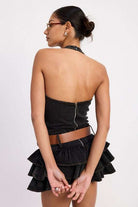 MINI BELTED RUFFLED DENIM DRESS WITH HALTER NECK Meadeux