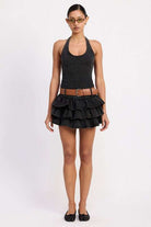 MINI BELTED RUFFLED DENIM DRESS WITH HALTER NECK Meadeux