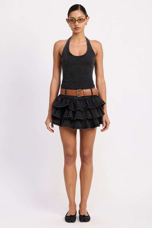 MINI BELTED RUFFLED DENIM DRESS WITH HALTER NECK Meadeux