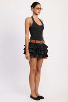 MINI BELTED RUFFLED DENIM DRESS WITH HALTER NECK Meadeux