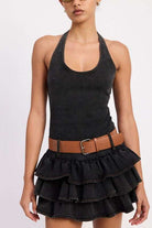 MINI BELTED RUFFLED DENIM DRESS WITH HALTER NECK Meadeux