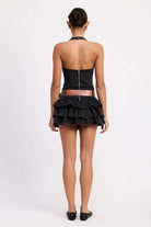 MINI BELTED RUFFLED DENIM DRESS WITH HALTER NECK Meadeux