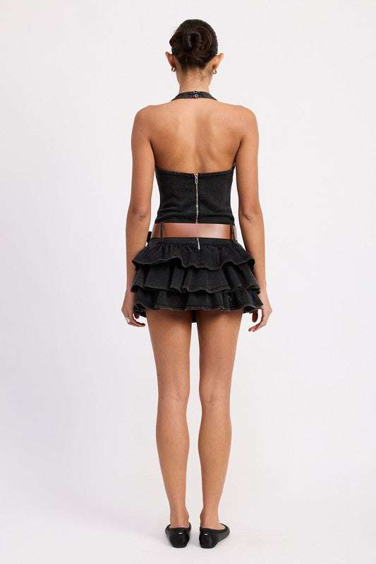 MINI BELTED RUFFLED DENIM DRESS WITH HALTER NECK Meadeux