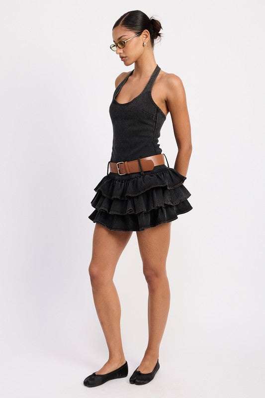 MINI BELTED RUFFLED DENIM DRESS WITH HALTER NECK Meadeux
