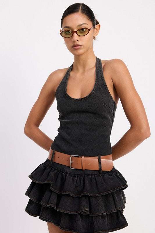 MINI BELTED RUFFLED DENIM DRESS WITH HALTER NECK Meadeux