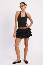 MINI BELTED RUFFLED DENIM DRESS WITH HALTER NECK Meadeux