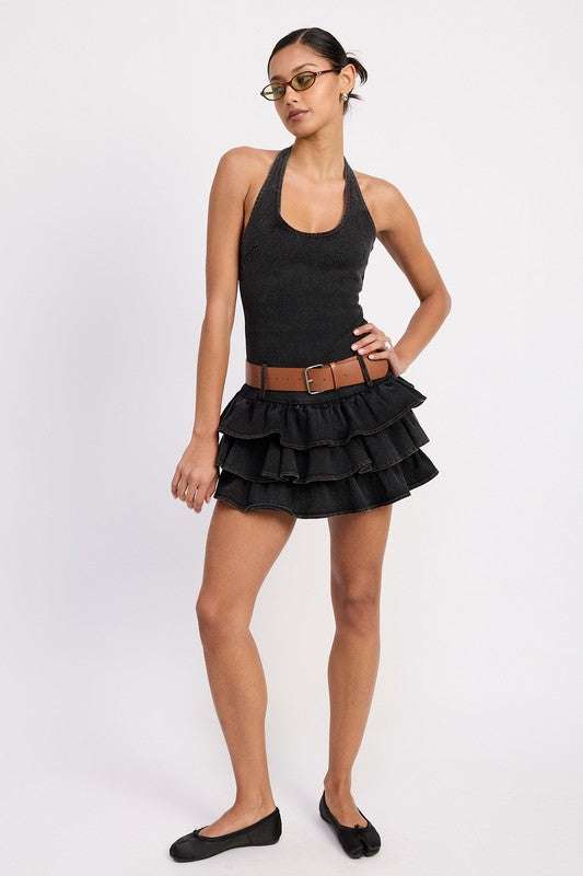 MINI BELTED RUFFLED DENIM DRESS WITH HALTER NECK Meadeux