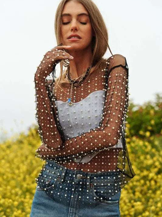 Bead and Pearl Embellished Long Sleeves Mesh Top Blouse Meadeux