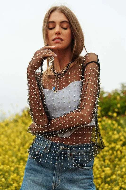 Bead and Pearl Embellished Long Sleeves Mesh Top Blouse Meadeux