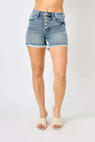 Button Fly Raw Hem Denim Shorts Shorts Meadeux