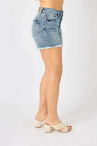 Button Fly Raw Hem Denim Shorts Shorts Meadeux