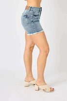 Button Fly Raw Hem Denim Shorts Shorts Meadeux