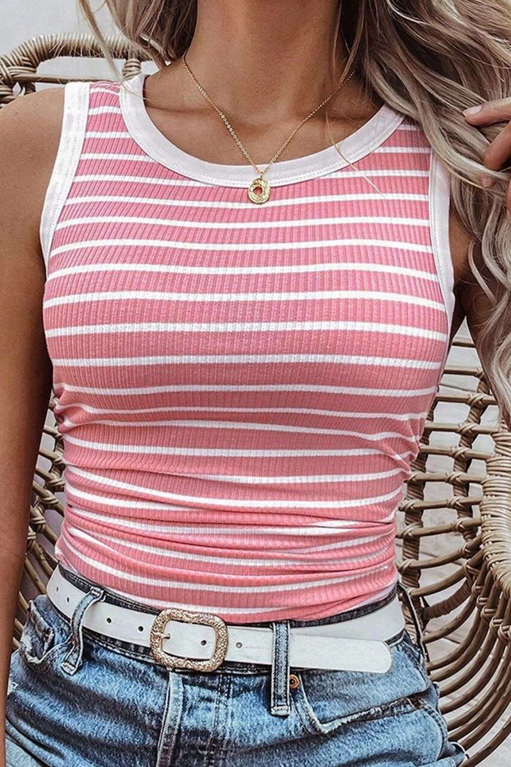 CASUAL ROUND NECK STRIPED TANK TOP WOMENS Tops Meadeux