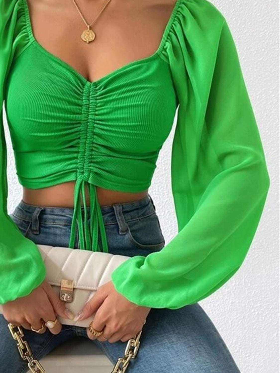 DRAWSTRING TIE FRONT LONG SLEEVE BLOUSE SWEETHEART NECK TOP Blouse Meadeux