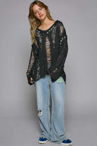 DROPPED SHOULDER LONG SLEEVE DISTRESSED KNIT TOP COVER UP Blouse Meadeux