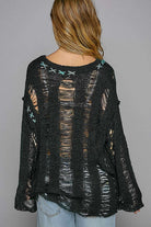 DROPPED SHOULDER LONG SLEEVE DISTRESSED KNIT TOP COVER UP Blouse Meadeux