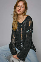 DROPPED SHOULDER LONG SLEEVE DISTRESSED KNIT TOP COVER UP Blouse Meadeux