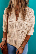 HALF SLEEVE OPENWORK BLOUSE JOHNNY COLLAR TOP Blouse Meadeux