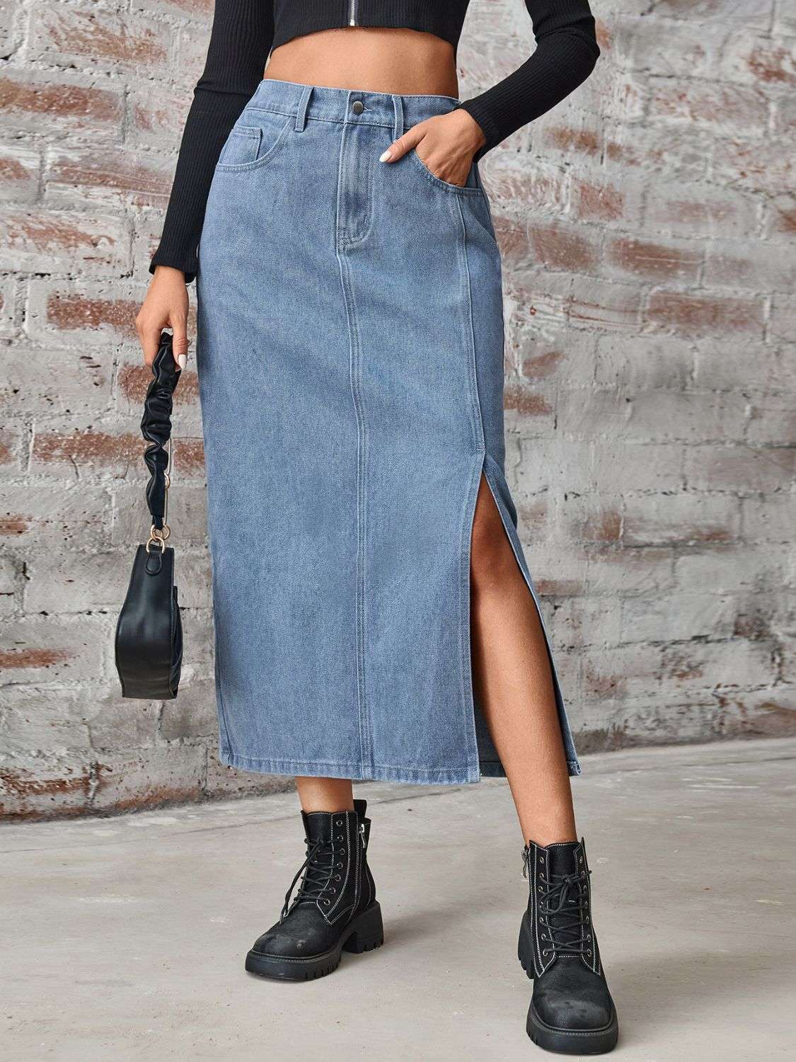 JEAN SLIT HIGH WAIST DENIM SKIRT WITH POCKETS Skirts Meadeux