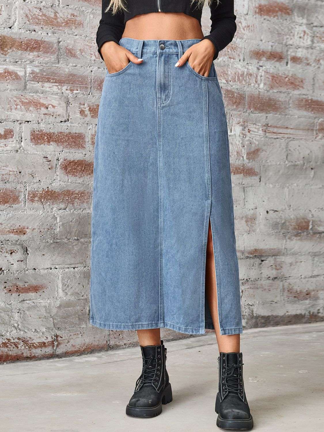 JEAN SLIT HIGH WAIST DENIM SKIRT WITH POCKETS Skirts Meadeux