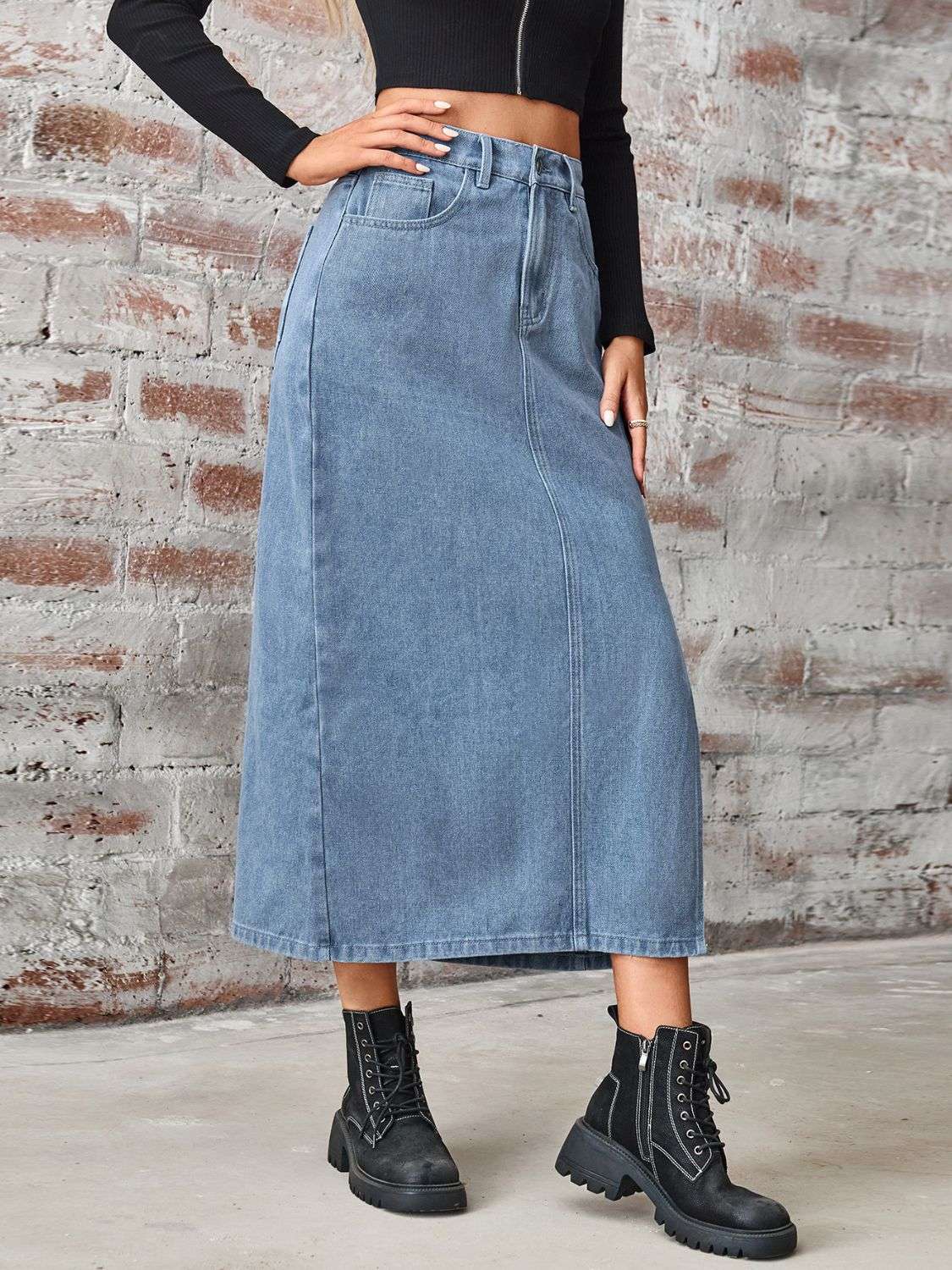 JEAN SLIT HIGH WAIST DENIM SKIRT WITH POCKETS Skirts Meadeux