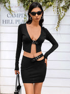 LONG SLEEVE CUT OUT CROP TOP SKIRT SET Two Piece Set Meadeux