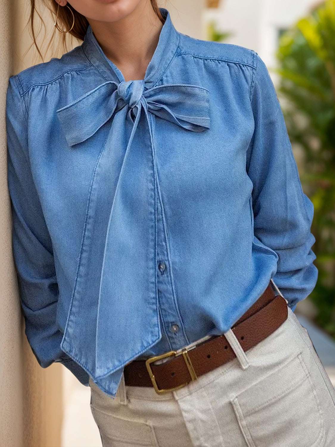 LONG SLEEVE JEAN BLOUSE DENIM TIE NECK TOP Blouse Meadeux