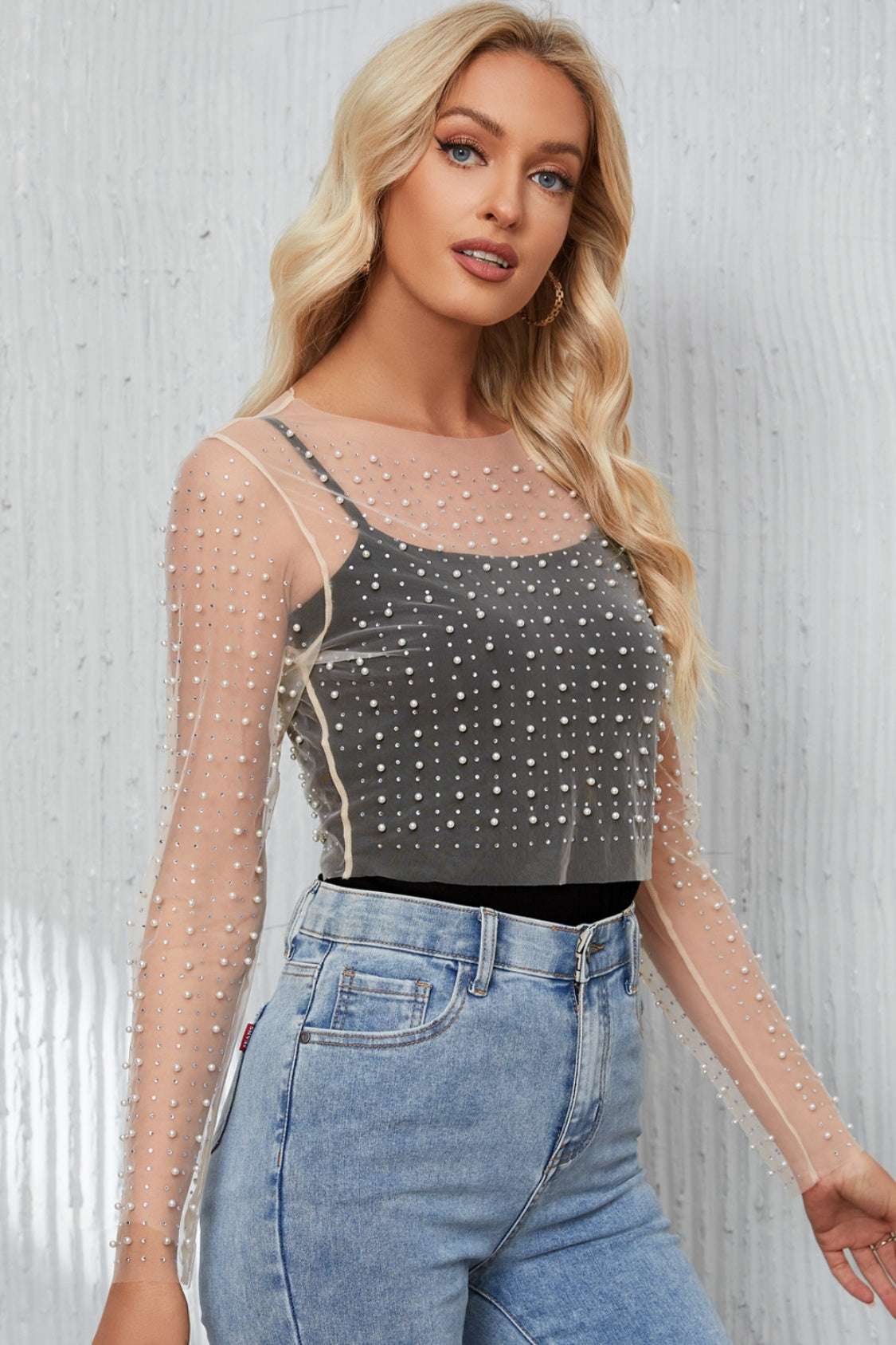 MESH CROPPED TOP PEARL LONG SLEEVE TOP Tops Meadeux