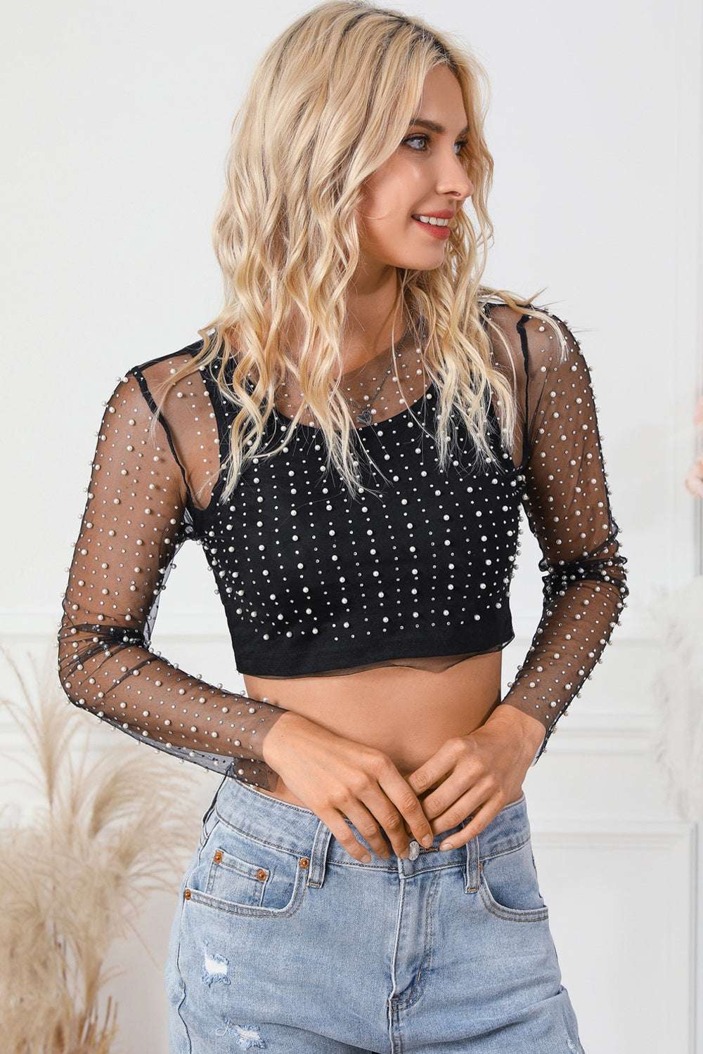 MESH CROPPED TOP PEARL LONG SLEEVE TOP Tops Meadeux