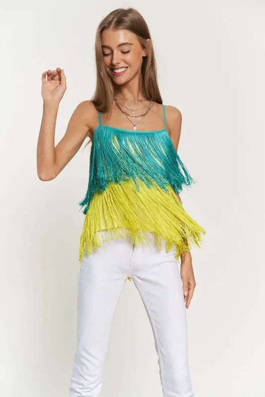 OVERLAY CROSS STRAPS PARTY BLOUSE FRINGE CAMI TOP Cami Meadeux