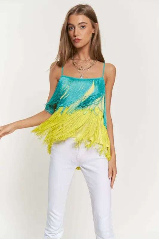 OVERLAY CROSS STRAPS PARTY BLOUSE FRINGE CAMI TOP Cami Meadeux