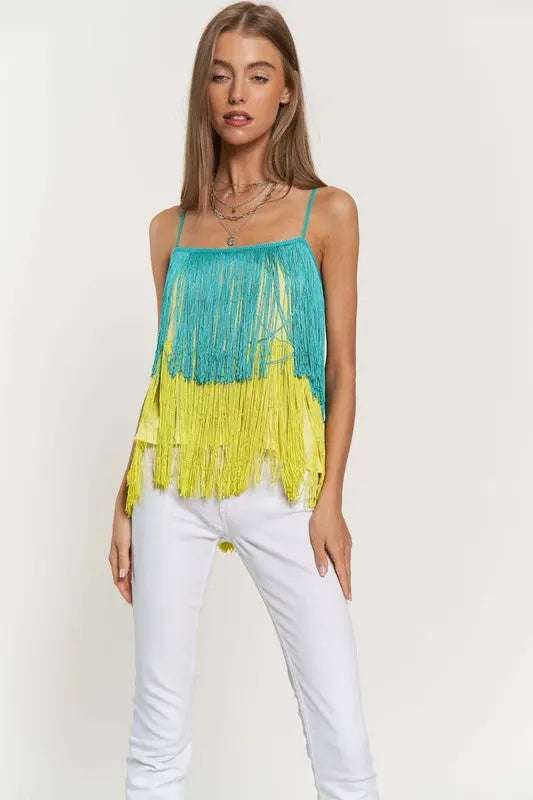 OVERLAY CROSS STRAPS PARTY BLOUSE FRINGE CAMI TOP Cami Meadeux