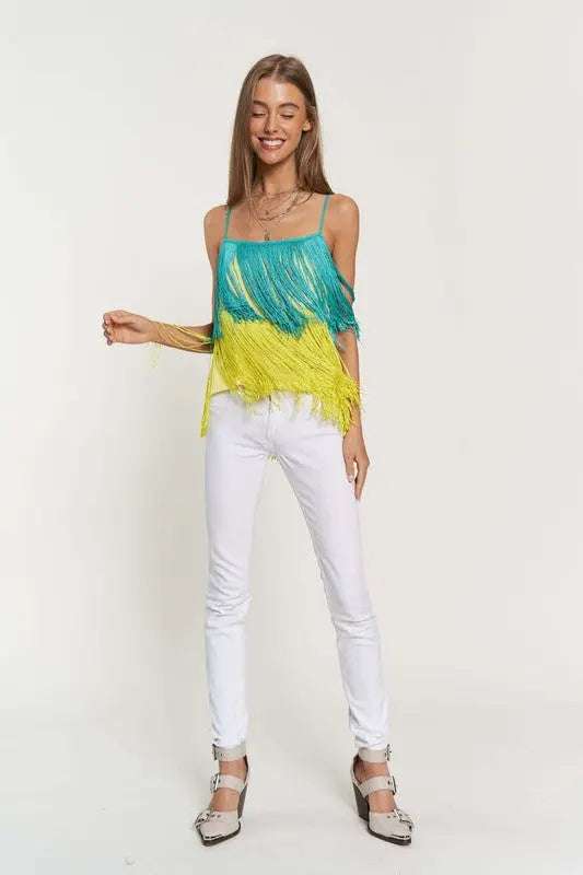 OVERLAY CROSS STRAPS PARTY BLOUSE FRINGE CAMI TOP Cami Meadeux