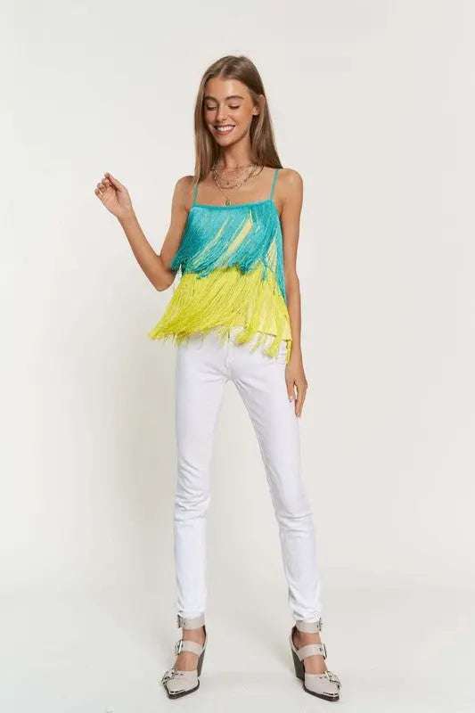 OVERLAY CROSS STRAPS PARTY BLOUSE FRINGE CAMI TOP Cami Meadeux