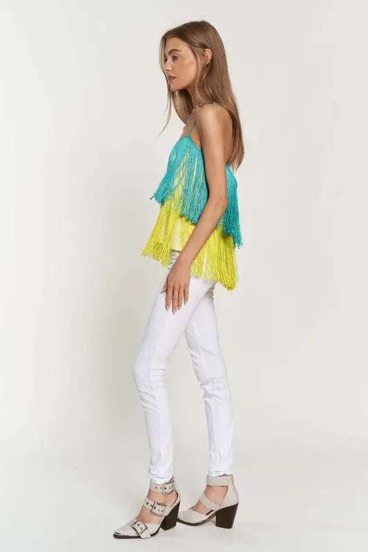 OVERLAY CROSS STRAPS PARTY BLOUSE FRINGE CAMI TOP Cami Meadeux