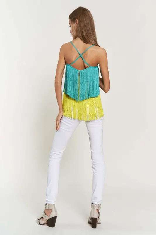 OVERLAY CROSS STRAPS PARTY BLOUSE FRINGE CAMI TOP Cami Meadeux