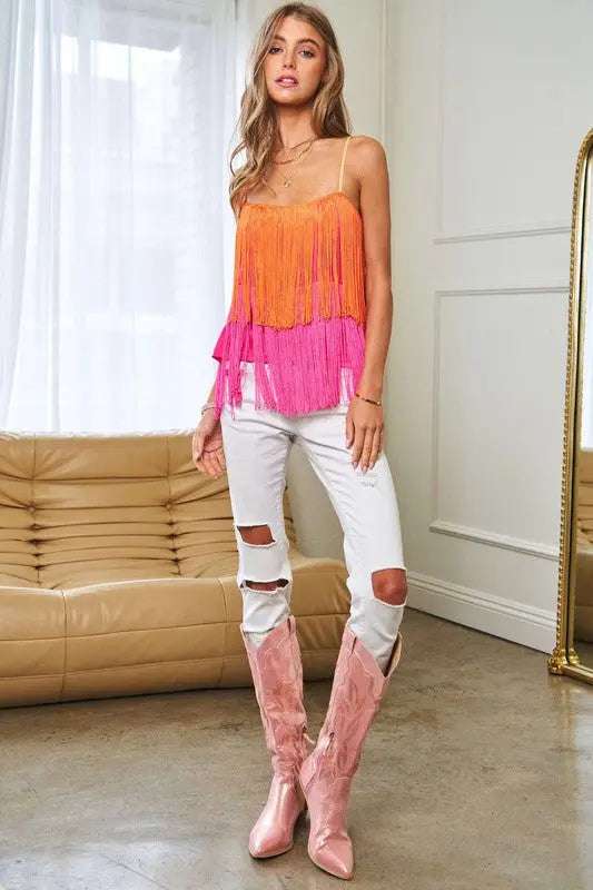 OVERLAY CROSS STRAPS PARTY BLOUSE FRINGE CAMI TOP Cami Meadeux