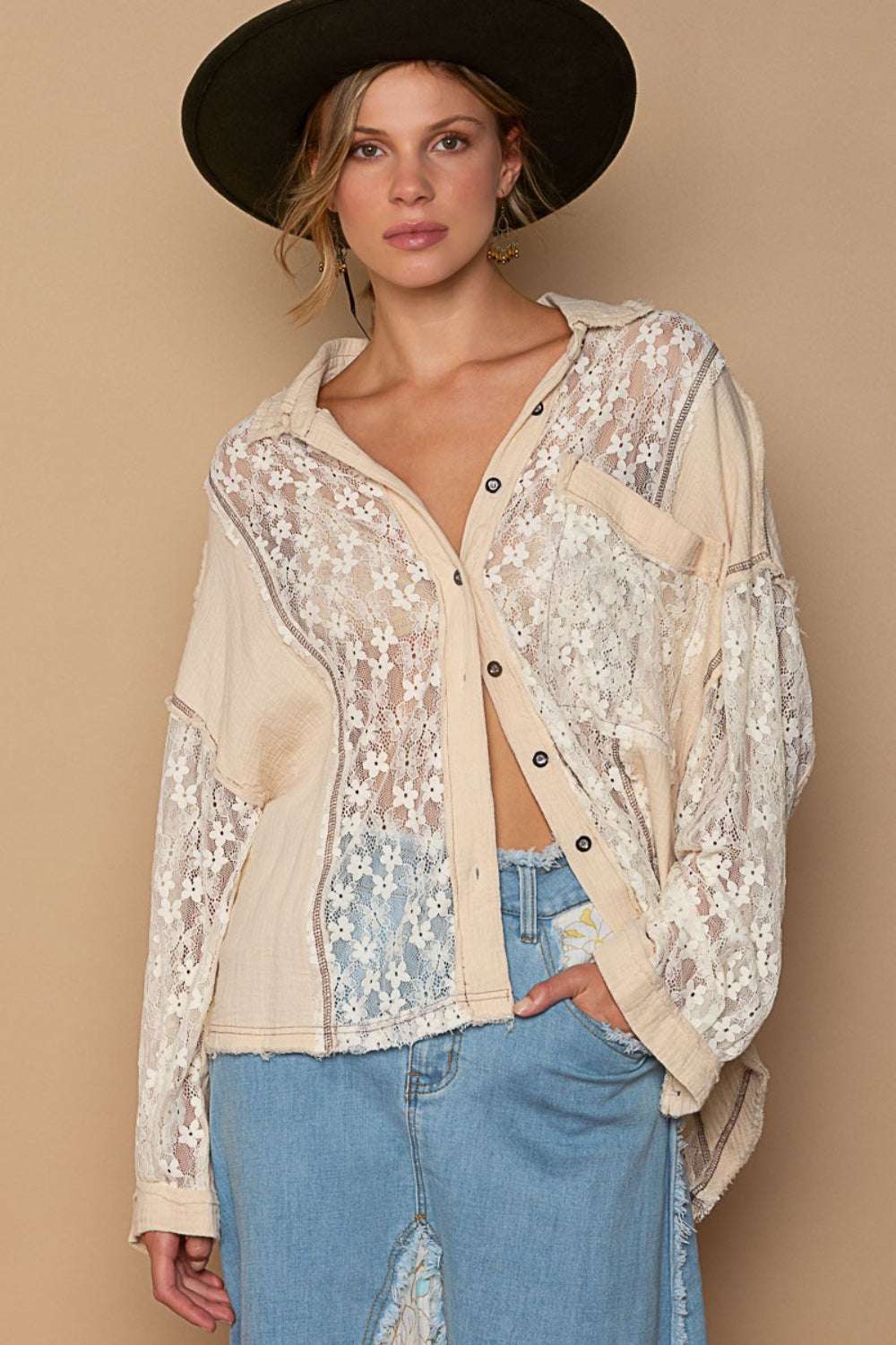 OVERSIZED LACE-TRIM EMROIDERED BUTTON-UP SHIRT Blouse Meadeux