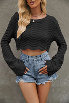 ROUND NECK LONG SLEEVE COVER UP CROPPED OPENWORK SWEATER Blouse Meadeux