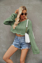 ROUND NECK LONG SLEEVE COVER UP CROPPED OPENWORK SWEATER Blouse Meadeux