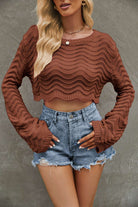 ROUND NECK LONG SLEEVE COVER UP CROPPED OPENWORK SWEATER Blouse Meadeux