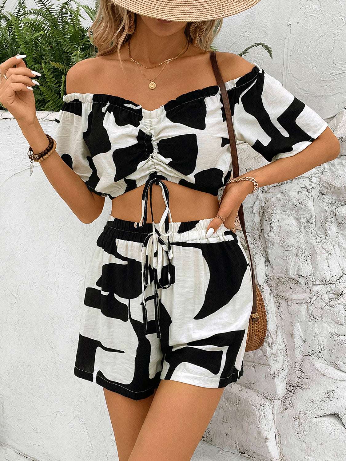 SUMMER VACATION DRAWSTRING CROPPED TOP AND BOTTOMS MATCHING SET SHORTS Two Piece Set Meadeux