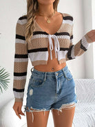 TIE FRONT CROPPED LONG SLEEVE OPENWORK KNIT TOP Blouse Meadeux