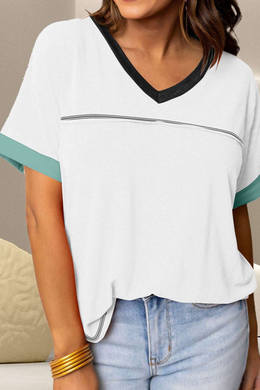 V-NECK SHORT SLEEVE COLOR BLOCK TSHIRT Tops Meadeux